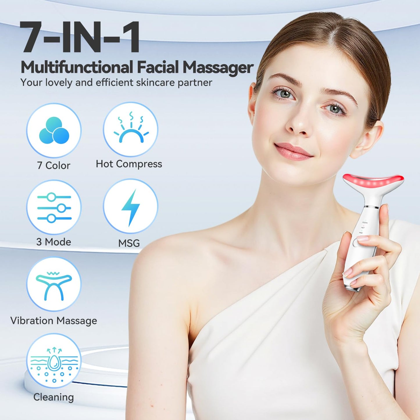 7 Color Neck Face Massager Tool, Facial Massager for Skin Care at Home, Face Sculpting Tool with Thermals, Vibration (White)